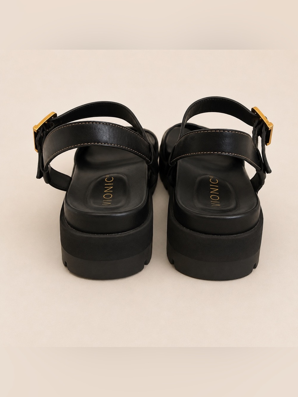 Vionic Black Platform Sandals Size 8 Comfort Footbed Gold Buckle - Picture 4 of 5